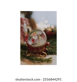 A festive snow globe featuring Santa Claus, set inside a decorative red sleigh adorned with golden reindeer. The background glows warmly with soft holiday lights and greenery. - Powered by Shutterstock