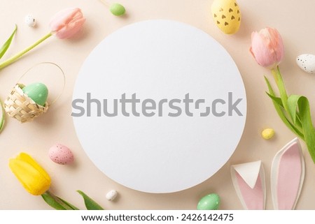 Festive Spring vibes. top view of cheerful eggs, playful bunny ears, and fresh tulips arranged on a calming beige base, offering a blank circular area for personalized messages or advertising