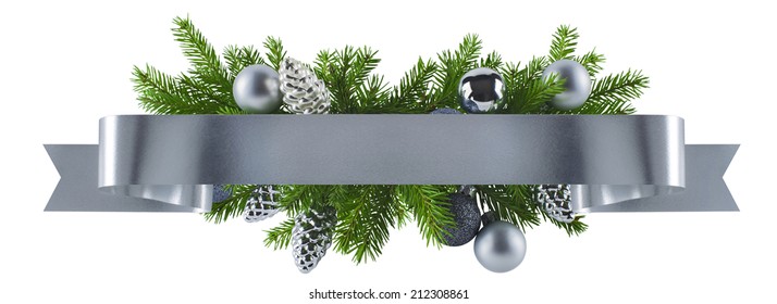 Festive Straight Ribbon Silver Decoration Isolated For Christmas Design As Menu, Invitation, Poster Element