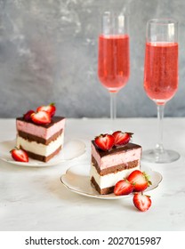 Festive Strawberry Cake On A Plate. Dessert For Your Birthday. A Surprise For Women. Pink Champagne And Strawberries