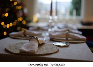 Festive Table Set For A Group Meal. Christmas Day Lunch