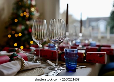 Festive Table Set For A Group Meal. Christmas Day Lunch