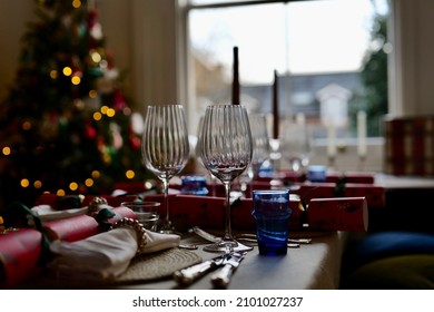 Festive Table Set For A Group Meal. Christmas Day Lunch