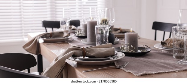 Festive table setting with beautiful tableware and decor indoors. Banner design - Shutterstock ID 2178555385