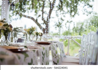 Festive Table Setting, Catering. Wedding In Rustic Style In Summer, Outdoor.