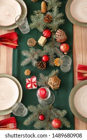 Festive Table Setting For Christmas Dinner, Top View