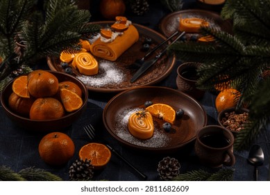 Festive table setting displaying sweet tangerine swiss rolls, fresh citrus fruit, and hot coffee mugs, decorated with pine branches and cones, creating a cozy winter atmosphere