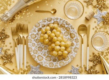 A festive table setting for New Year's Eve, featuring a plate of grapes, champagne, and sparkling decorations.