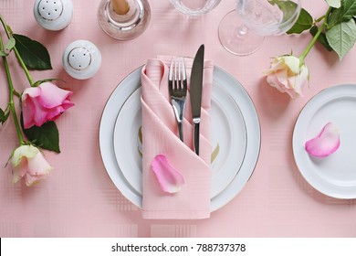 Festive Table Setting For Valentins Day, Easter, Mother's Day Ore Wedding. Elegant Table Decoration With Fresh Roses. Overhead View