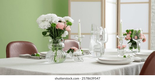 Festive table setting for wedding in dining room