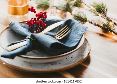 Festive Table Setting With Winter Decor. The Concept Of Thanksgiving Or Christmas Family Dinner.