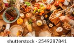 Festive Thanksgiving dinner table with turkey, vegetables, and candles. Thanksgiving feast with turkey, vegetables, and candles. Cozy Thanksgiving meal setting. Friends enjoying a Thanksgiving dinner.