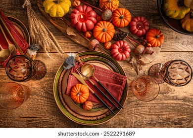 Festive Thanksgiving table setting with pumpkins and candles in orange and red tone - Powered by Shutterstock