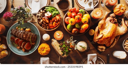 A festive Thanksgiving table with turkey, vegetables, and candles. Thanksgiving feast with turkey, colorful vegetables, and warm candles. Cozy Thanksgiving dinner setting. Thanksgiving turkey dinner. - Powered by Shutterstock