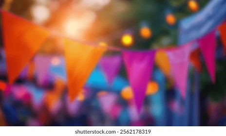 Festive triangular bunting flags strung outdoors at sunset.
