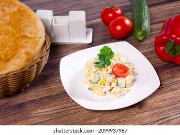 Festive Vitamin Salad With Tomato, Cucumber, Corn, Potato And Mayonnaise