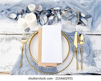 Festive wedding, birthday, party table setting with cutlery and plate. Menu mockup. Elegant modern restaurant menu template with vertical blank paper card. Mediterranean dinner menu design. - Powered by Shutterstock