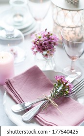 Festive Wedding Table Setting With Pink Flowers, Napkins, Vintage Cutlery, Glasses And Candles, Bright Summer Table Decor.