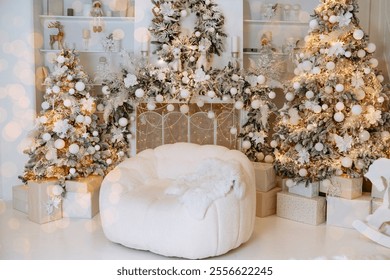 Festive winter decor features beautifully adorned Christmas trees and a plush seating area surrounded by wrapped gift boxes. The warm ambiance creates a joyful holiday atmosphere for celebrating. - Powered by Shutterstock