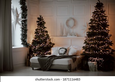 festively decorated New Year's bedroom cozy interior. Winter Christmas spirit