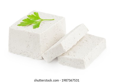 Feta Cheese Block  Isolated On White Background. Greek Soft Cheese With Slices And Parsley,  Top View
