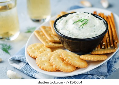 Feta Cream Cheese Dill Garlic Dip With Crackers. Toning. Selective Focus