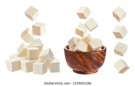 Feta Isolated. Falling Pieces Of White Cheese