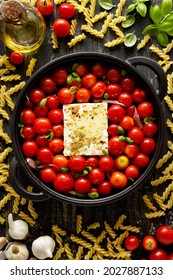 Feta Pasta, Ingredients For Making Pasta Sauce Based On Feta Cheese And Cherry Tomatoes, Top View. A Popular Dish.