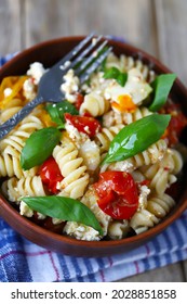 Feta Tomato Pasta In A Bowl. Italian Style Cuisine.