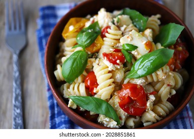 Feta Tomato Pasta In A Bowl. Italian Style Cuisine.