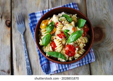 Feta Tomato Pasta In A Bowl. Italian Style Cuisine.