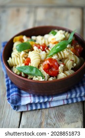 Feta Tomato Pasta In A Bowl. Italian Style Cuisine.