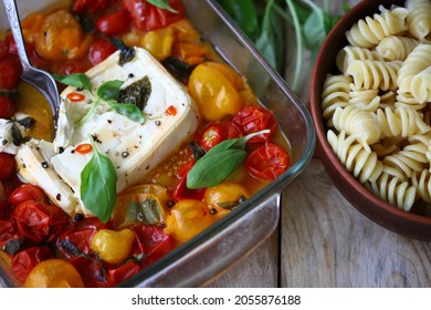 Feta Tomato Pasta Cooking. Delicious Popular Dish. Italian Food.