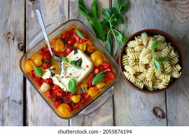 Feta Tomato Pasta Cooking. Delicious Popular Dish. Italian Food.