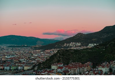 Fethiye Turkey Town Top View, City Scape, Mountain Town, Sunset Sky And Clouds