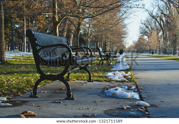 Few Empty Metal Park Benches On Stock Photo Edit Now 1321711589