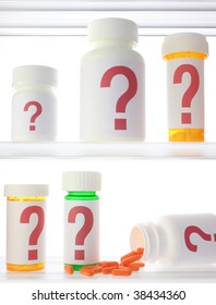 A Few Pill Bottles In A Medicine Cabinet, All Labeled With Red Question Marks. One Bottle Is On Its Side With Pills Spilling Out.