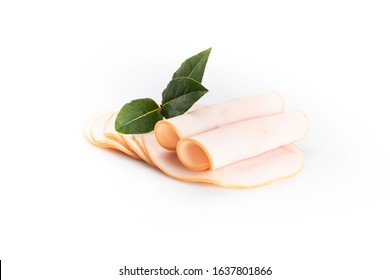 A Few Poultry, Chicken, Cold Cuts Slices, Isolated On White Background.