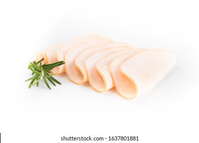 A Few Poultry, Chicken, Cold Cuts Slices, Isolated On White Background.