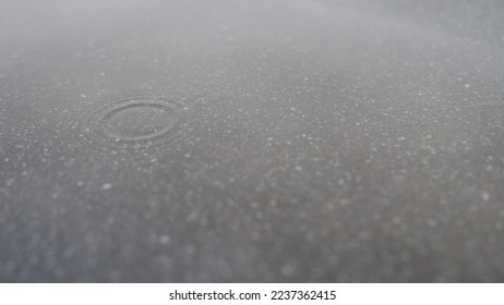 few raindrops fall in puddle on asphalt, wide photo