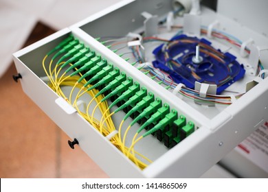 Fiber To The Home Equipment. FTTH Internet Fiber Optics Cables And Cabinet, Splitter