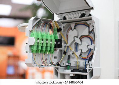 Fiber To The Home Equipment. FTTH Internet Fiber Optics Cables And Cabinet, Splitter