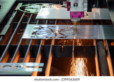 The fiber laser cutting machine  cut the metal plate with the sparkling light. The hi-technology sheet metal manufacturing process by laser cutting machine.  - Powered by Shutterstock