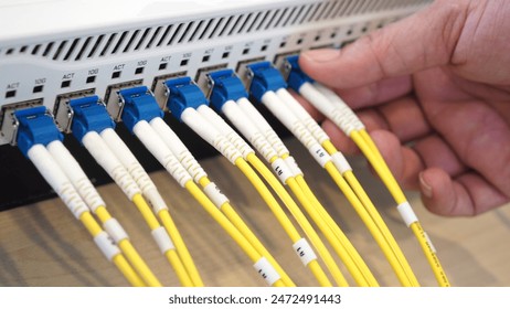 fiber optic cable connected use for network product concept. closeup photo.