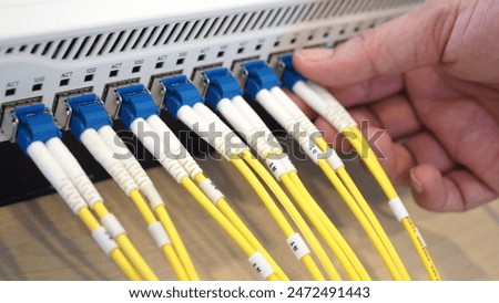 fiber optic cable connected use for network product concept. closeup photo.