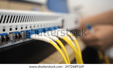 fiber optic cable connected use for network product concept. closeup photo.