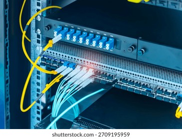 fiber optic cable on servers and hardwares in an internet data center