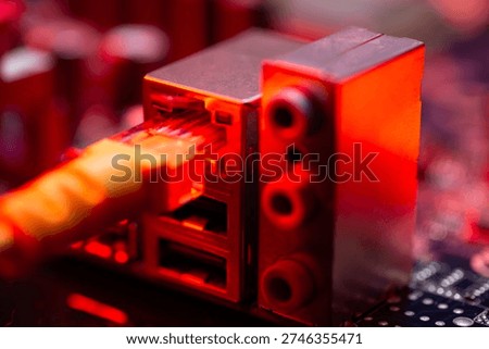 Fiber optic cables connected to optical ports and network cables connected to internet ports. High quality photo