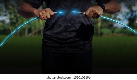 Fiber Optic In Internet Wiring Technician Hand. Connection Background. Communication Background.