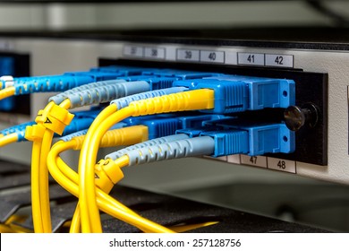 Fiber Optic on network core switch close up - Shutterstock ID 257128756